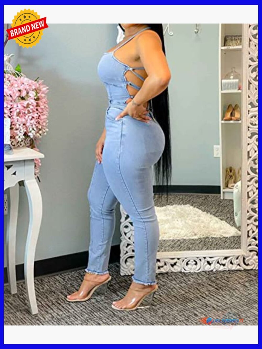 Stretchy Denim Jumpsuit Romper with Pocket Sleeveless High Waist Bodycon - Picture 5 of 6